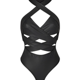 Black Crisscross Strap Cut-Out Bodysuit