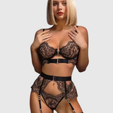 Embroidered Strappy Lingerie Set with Metal Buckles