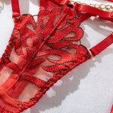 Flame-embroidered Lingerie Set with Metal Chain Accessories