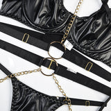 Leatherette Cross-Strapped Sexy Suspender Lingerie Set