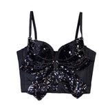 Black Sequin-Embellished Corset Top with Bow Detail