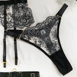 Embroidered Strappy Lingerie Set with Metal Buckles