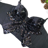 Black Sequin-Embellished Corset Top with Bow Detail