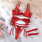 Flame-embroidered Lingerie Set with Metal Chain Accessories