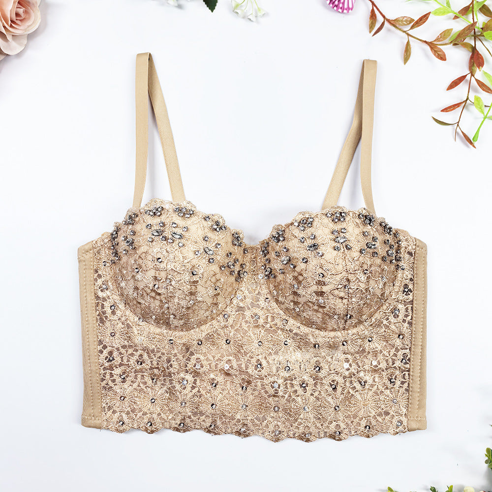 Sexy Lace with Shiny Diamonds and Beaded Boned Bustier Camisole Top