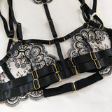 Embroidered Strappy Lingerie Set with Metal Buckles