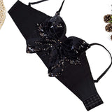 Black Sequin-Embellished Corset Top with Bow Detail