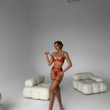Flame-embroidered Lingerie Set with Metal Chain Accessories