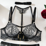 Embroidered Strappy Lingerie Set with Metal Buckles