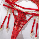 Flame-embroidered Lingerie Set with Metal Chain Accessories