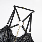 Leatherette Cross-Strapped Sexy Suspender Lingerie Set