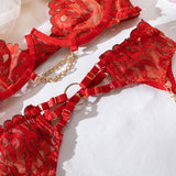 Flame-embroidered Lingerie Set with Metal Chain Accessories