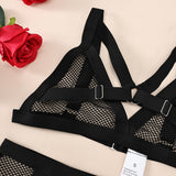 Lace Strappy Cross Spliced Mesh Breathable Sexy Lingerie Set