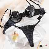 Sheer Hollow Lace Embroidered Mesh Lingerie Set