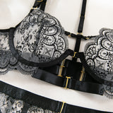 Embroidered Strappy Lingerie Set with Metal Buckles
