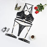 Leatherette Cross-Strapped Sexy Suspender Lingerie Set